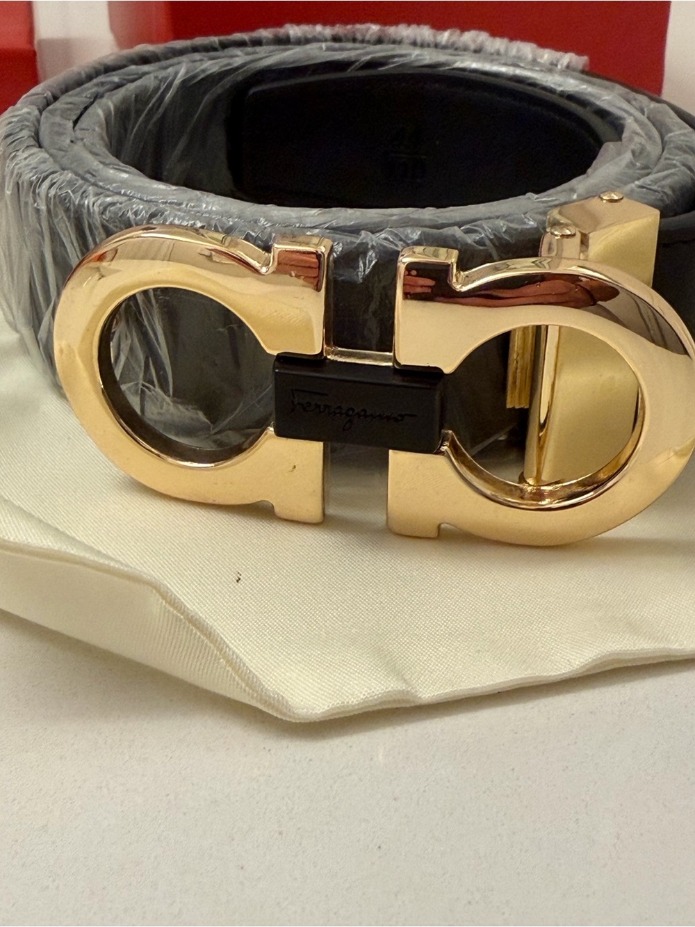 Salvatore Ferragamo Black Leather Belt with Gold Double Gancini Buckle